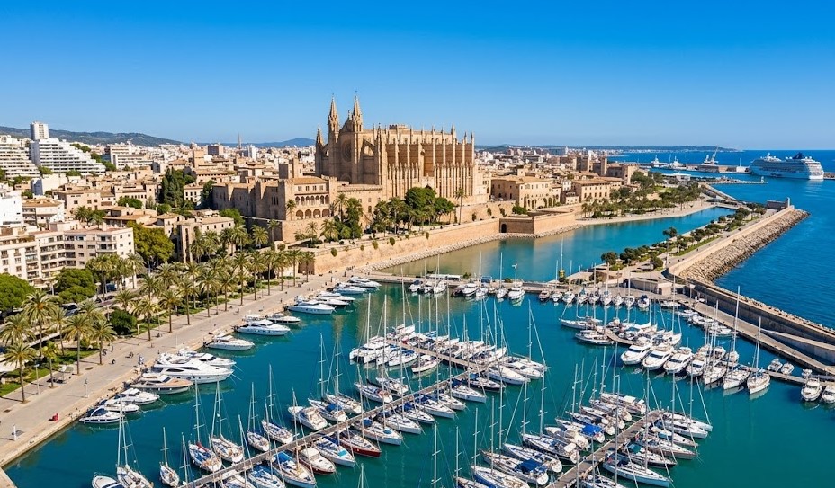 Paisaje de la Catedral de Palma de Mallorca y la bahía